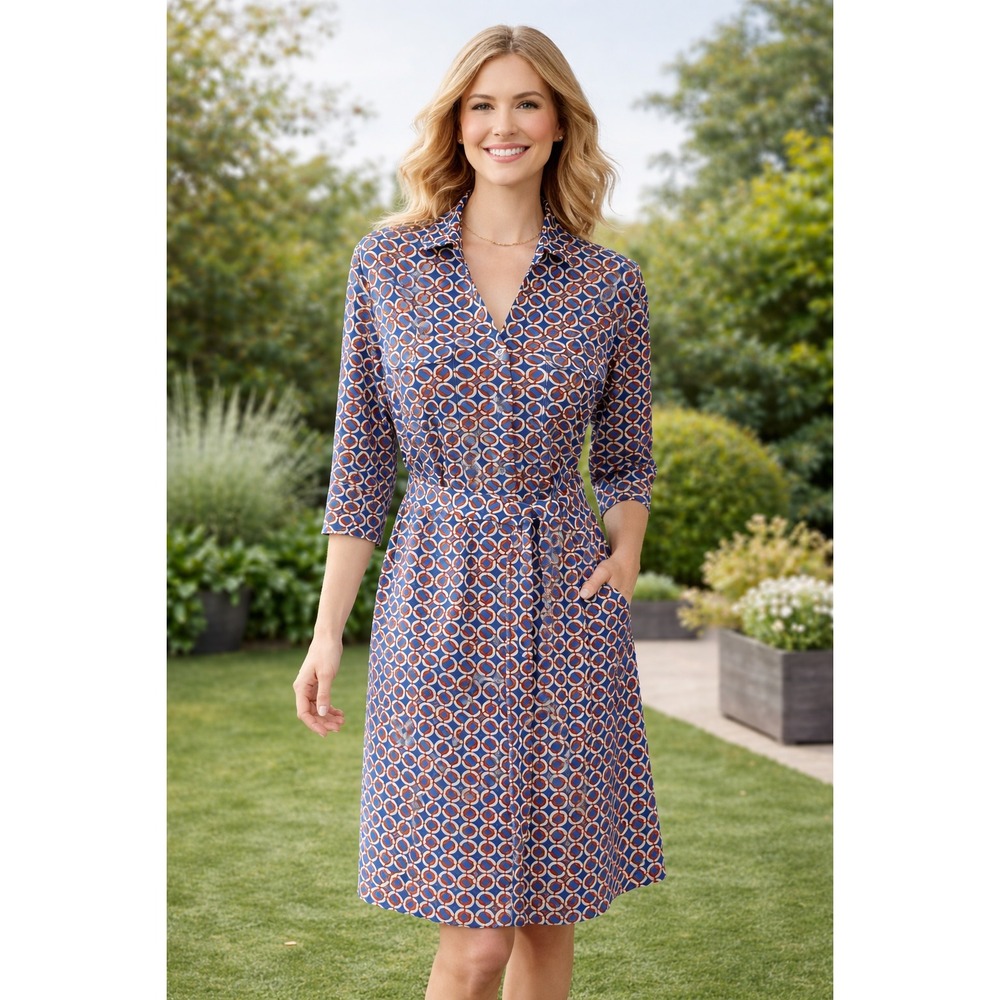 J.McLaughlin Geometric Blue Dress Women's Large Retro Chic Belted Catalina Cloth